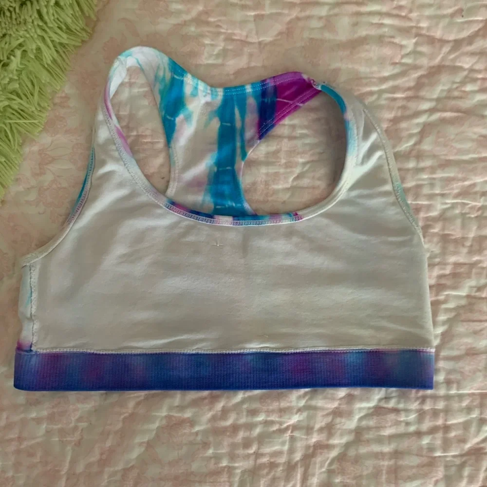 Justice Sports Bra Girls Blue Purple White Tie Dye Racer Back Rhinestone